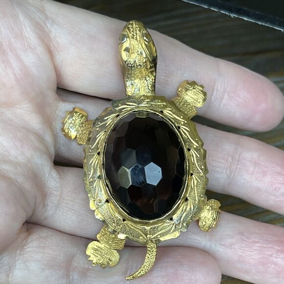 VTG Silver Gold Plated Faceted Smokey Quartz Topaz Turtle Brooch Pendant 19grams - Picture 11 of 14